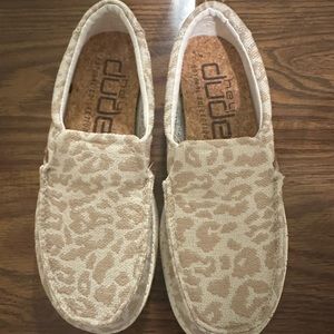 Hey Dude slip on shoes in leopard print.